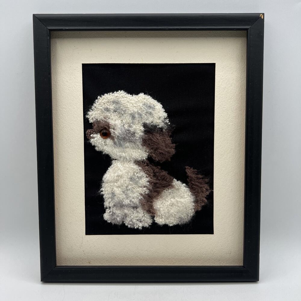 Vtg Felt Punched Latch Hook Dog Picture 3D Framed Puppy Lhaso Apso Poodle 10x12"